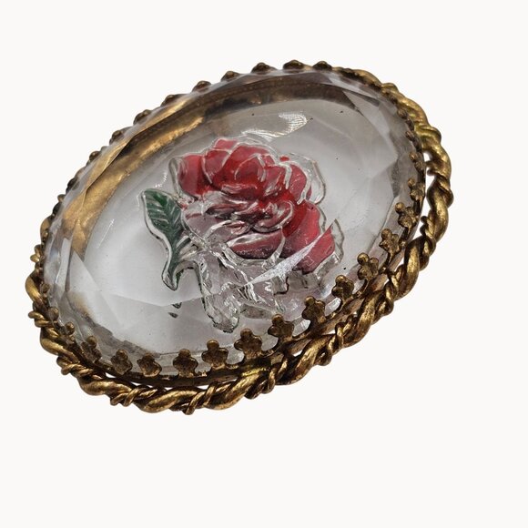 Vintage Gold-Toned Frame Clear Glass Red Handpainted Rose Brooch Fashion Jewelry - Picture 2 of 16
